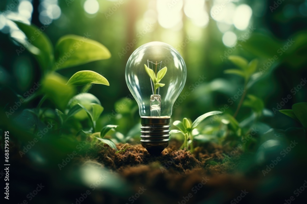 Poster a unique image featuring a light bulb with a plant growing out of it. perfect for illustrating creat