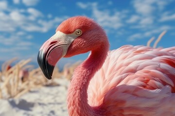 Fototapeta premium A pink flamingo standing on a sandy beach. Perfect for tropical themes and beach-related designs