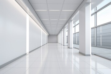 A long hallway with white walls and white tiles. Suitable for interior design concepts or architectural projects