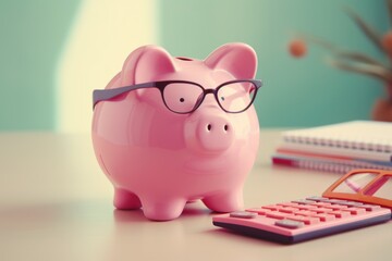 A cute pink piggy bank wearing glasses and a calculator next to it. Perfect for finance and money-related concepts - obrazy, fototapety, plakaty