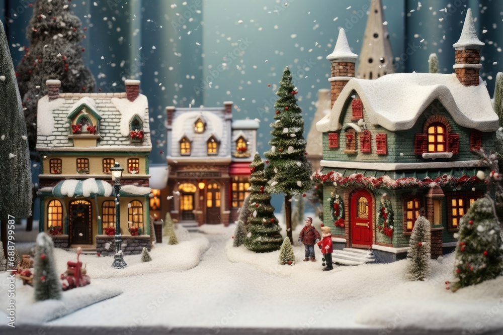 Poster A charming miniature Christmas village covered in snow. Perfect for holiday decorations and festive displays