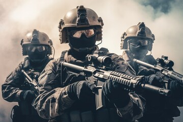 A group of soldiers wearing gas masks for protection against toxic substances. Suitable for military, warfare, or hazardous environment concepts