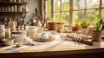Fototapeta na wymiar Do-It-Yourself Home Baking Scene with Rustic Kitchen Tools and Fresh Ingredients