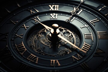 Fototapeta premium A close-up view of a clock with Roman numerals. This image can be used to depict time management, punctuality, or the passing of time