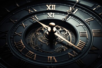 A close-up view of a clock with Roman numerals. This image can be used to depict time management, punctuality, or the passing of time