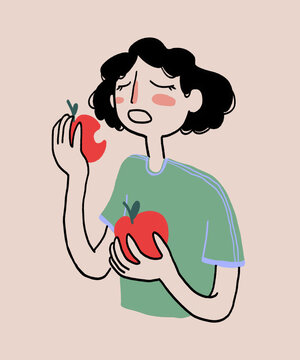 Cartoon woman eating red apple