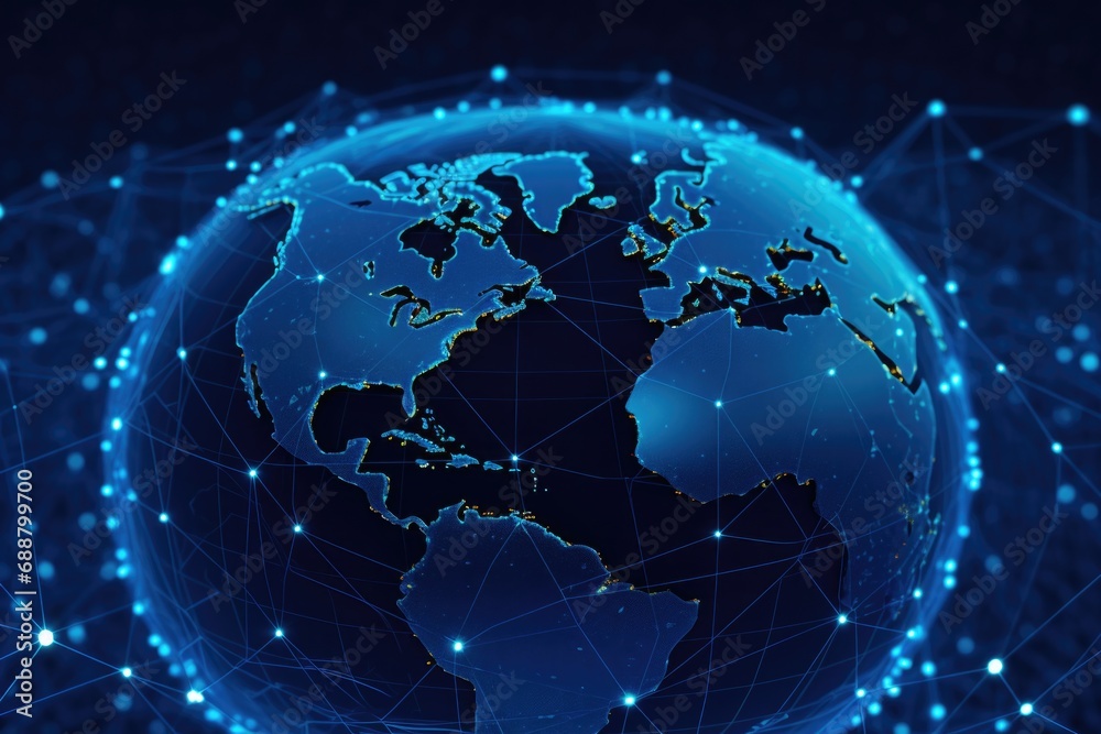 Poster A blue globe with intricate lines and dots surrounding it. Can be used to represent connectivity, technology, or global communication