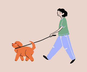 Cartoon woman walking dog on leash