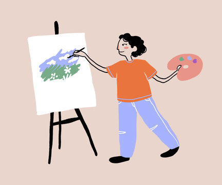 Cartoon woman painting picture on canvas
