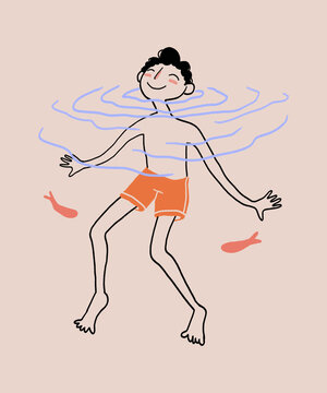 Cartoon man swimming in river with fishes