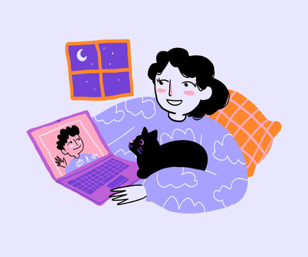 Cartoon woman with cat having video call