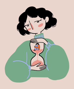 Cartoon woman holding sandglass with herself inside