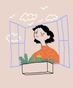 Cartoon woman breathing fresh air through open window
