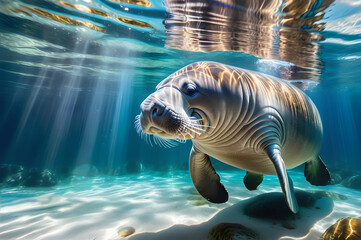 A serene image capturing the grace of a manatee as it glides through calm waters
