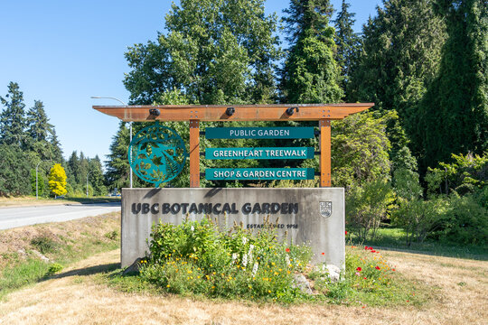 UBC Botanical Garden sign at the entrance at the University of British Columbia in Vancouver, Canada, on July 9, 2023. 