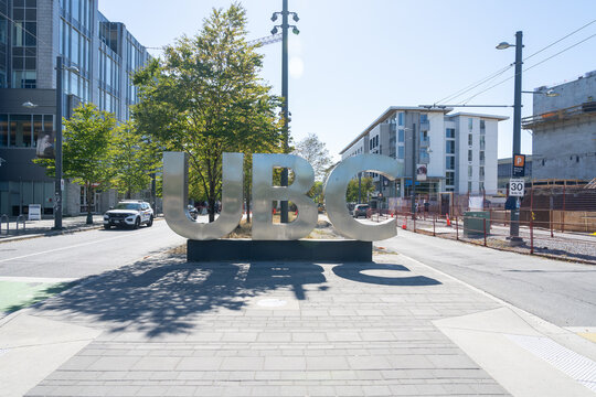 UBC ground sign in the campus of the University of British Columbia, Vancouver, BC, Canada - July 9, 2023. University of British Columbia is a public university in Vancouver, Canada.
