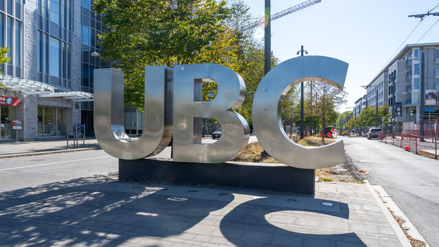 UBC ground sign in the campus of the University of British Columbia, Vancouver, BC, Canada - July 9, 2023. University of British Columbia is a public university in Vancouver, Canada.
