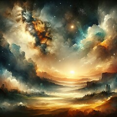 Fototapeta premium 大自然の夜景、満点の星空、宇宙、惑星、背景、風景、生成AIイラスト