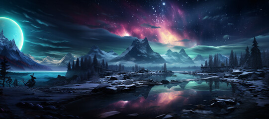 the aurora borealis in the sky, the northern lights. a colorful landscape.
