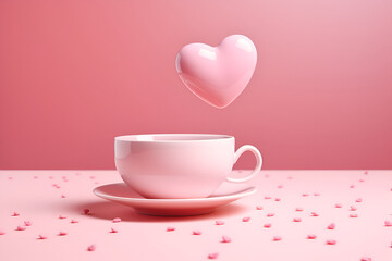 Fototapeta na wymiar Cup on a pink background with a flying heart.