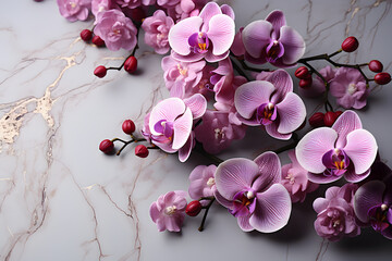 lilac, purple orchids in close-up on a marble background. exotic flowers.