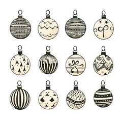 Hand Drawn Christmas Ball Collection Isolated on White Background, New Year Balls Sketch
