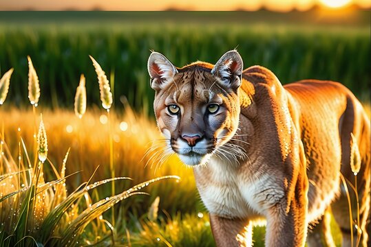 A powerful image capturing a puma in the midst of lush vegetation, showcasing its wild beauty.