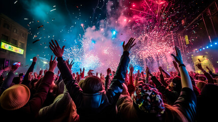 Holiday celebration on the crowded street with fireworks - obrazy, fototapety, plakaty