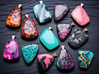 Different Pendants of Pink, Blue and Green Color on Black Stone Background, Bijouterie