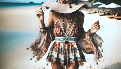 A bohemian-dressed woman wearing jewellery and a hat 