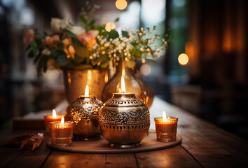 Fototapeta na wymiar burning candles on a wooden table. magical scandinavian atmosphere with candles on a dark table. hygge background with candles and flowers.