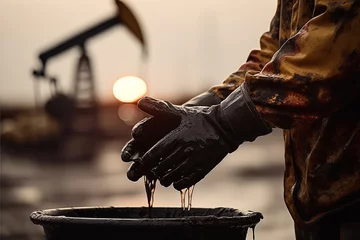 Fotobehang Oil and Gas Wells. Accident Oil Well Work. Methane Emissions from crude wells. Pumpjack on oilfield. Extraction of petroleum, reduce oil production. Bucket in Hand of Worker of spilled oil on oilfield © MaxSafaniuk