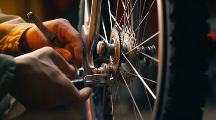 Close-up of a mechanic's hands fixing a bicycle's rear wheel hub with a wrench - obrazy, fototapety, plakaty
