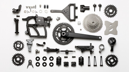 Assorted bicycle parts neatly organized on a white background for maintenance - obrazy, fototapety, plakaty