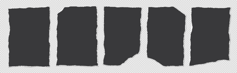 Set of torn black notebook paper pieces, sheets stuck on light grey background for text or ad. - 688801500