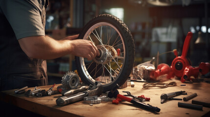 Mechanic at work on a bicycle wheel with various tools on the workbench - obrazy, fototapety, plakaty