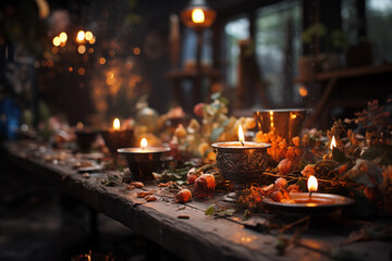 Obraz premium burning candles on a wooden table. magical scandinavian atmosphere with candles on a dark table. hygge background with candles and flowers.