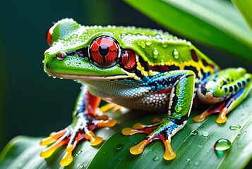 An enchanting image featuring a red-eyed tree frog perched on a dew-kissed emerald leaf - obrazy, fototapety, plakaty