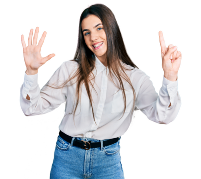 Young brunette teenager wearing business white shirt showing and pointing up with fingers number six while smiling confident and happy.