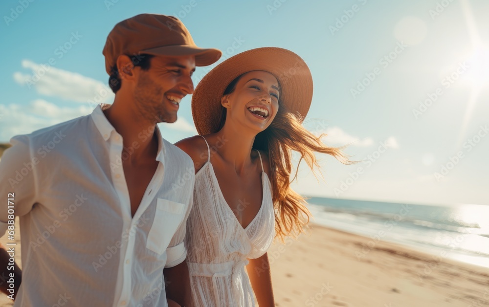 Wall mural joyful couple strolls along seashore during beach honeymoon