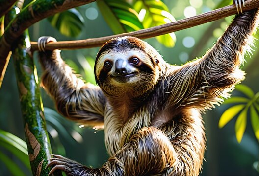 A serene image capturing a sloth peacefully suspended from the sturdy branch of a rainforest tree