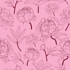 seamless floral pattern - elegant pink and red peony outline realistic