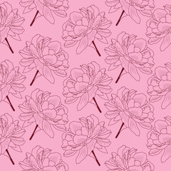 seamless floral pattern - elegant pink and red peony outline realistic