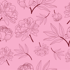 Fototapeta premium seamless floral pattern - elegant pink and red peony outline realistic