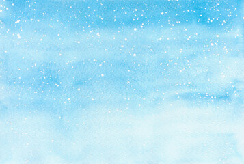 Blue winter abstract background with flying snowflakes, hand-drawn. It's snowing, a watercolor illustration with a gradient. Template, banner for design, decoration, postcards, greetings. - obrazy, fototapety, plakaty
