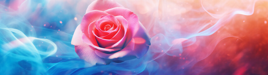 A closeup of a pink rose with blue smoke, banner symbolize love