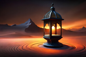 Ornamental Arabic lantern with burning candle glowing