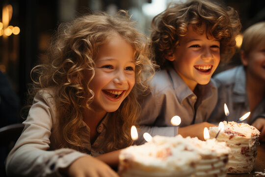 Blonde children laughing in front of a birthday cake. Generative AI