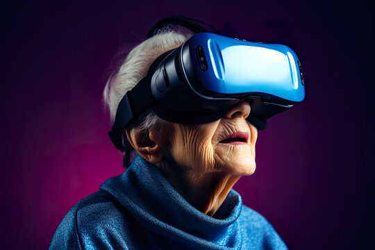 Senior woman is engrossed in a virtual reality adventure, exploring new frontiers of technology. Generative AI
