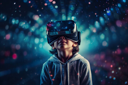A young child is immersed in a virtual cosmos with VR technology. Generative AI